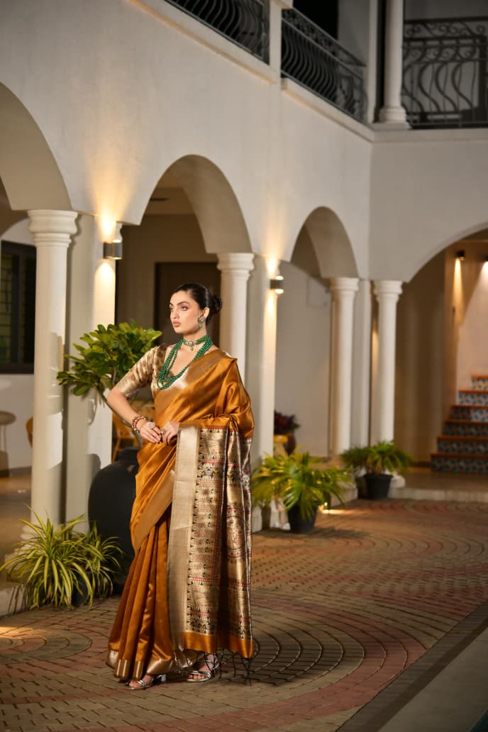 Madhubani Art Khadi Raw Silk Saree with Traditional Temple Zari Weaving and Lotus Print Blouse